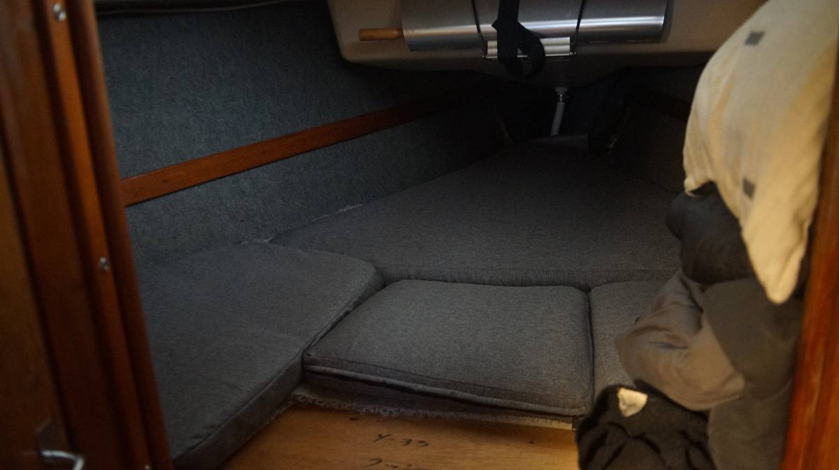 the finished v berth cushions in their spots