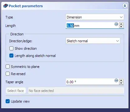 Screenshot of FreeCAD's Pocket parameters dialog box with a 'Length' of 5.5 mm