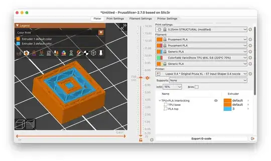Screenshot of PrusaSlicer showing a sliced preview of a single object with two parts