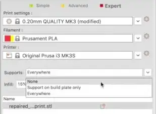 Supports menu - None is selected