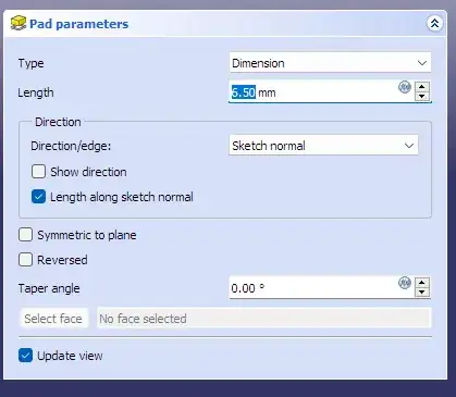 Screenshot of FreeCAD's Pad parameters dialog box with a 'Length' of 6.5 mm