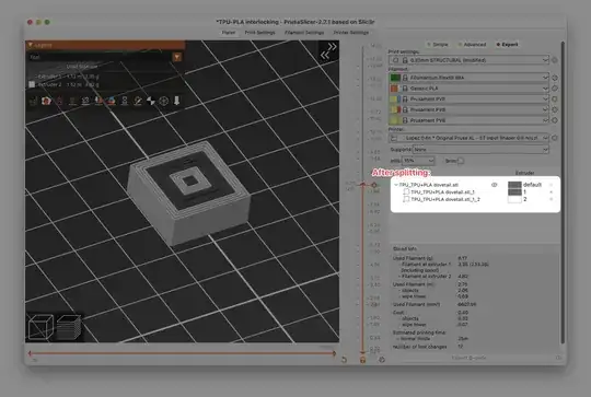 PrusaSlicer 2.7.1 sliced view showing a two colour print and an object with two parts in the object list