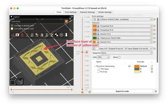 Screenshot of PrusaSlicer 2.7.0 showing sliced preview of a two-part print where interior layers / floors can be seen Screenshot of PrusaSlicer 2.7.0 showing sliced preview of a two-part print where interior layers / floors can be seen
