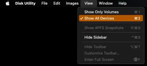 Screenshot of Disk Utility's View menu with 'Show All Devices' selected Screenshot of Disk Utility's View menu with 'Show All Devices' selected