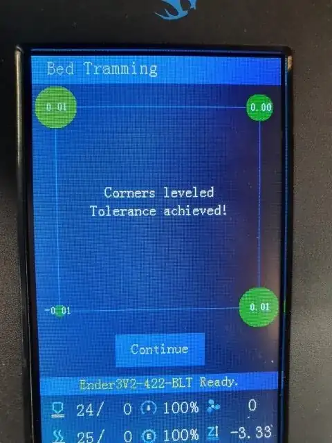 Photo of Ender 3v2 screen showing 'Corners leveled'