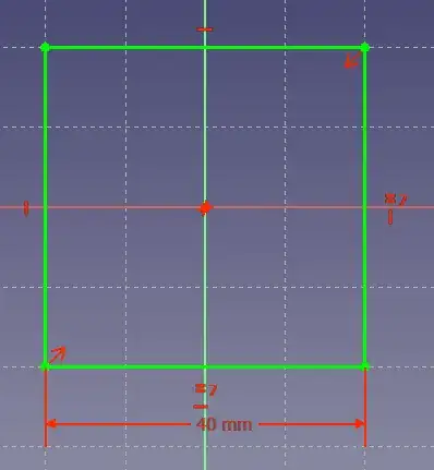 Screenshot of FreeCAD showing a 40x40 mm square