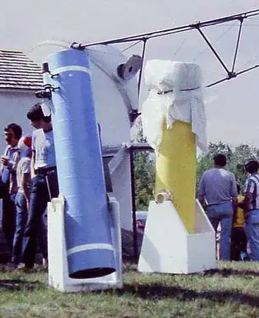 Two Dobsonian telescopes on display at Stellafane in the early 1980s.