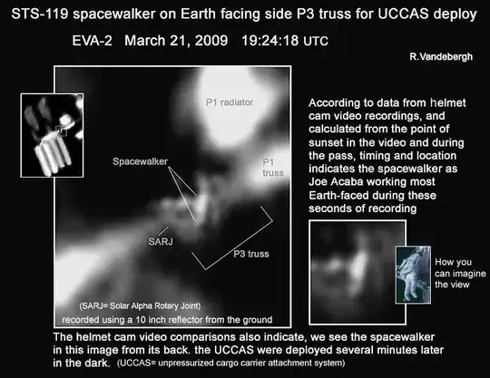 Ralf Vandebergh’s detail of an image he took on March 21, 2009 showing astronauts working outside the ISS. Credit: Ralf Vandebergh