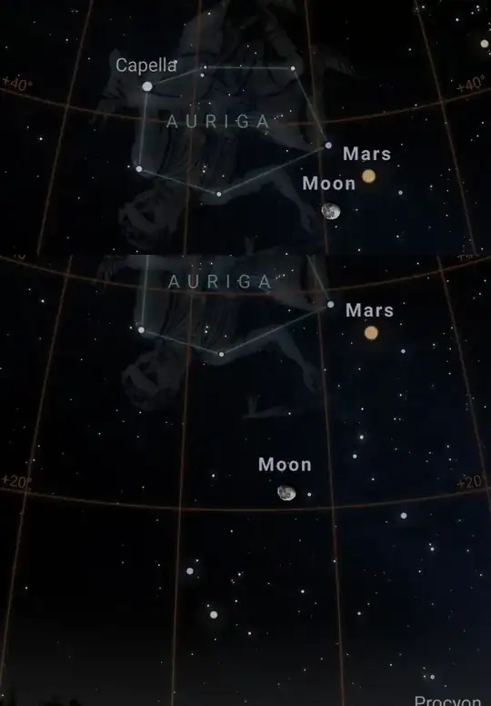 This merged image shows the angular distance between the moon and Mars at 10 PM (upper part) and the change in the angular distance at 10 PM the following day (lower part).