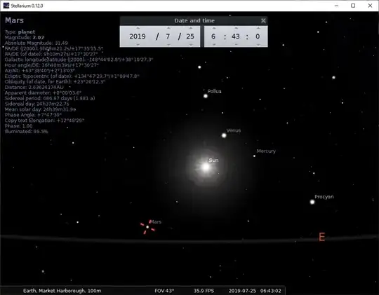 Stellarium image showing Mars, Mercury and Venus close to the Sun