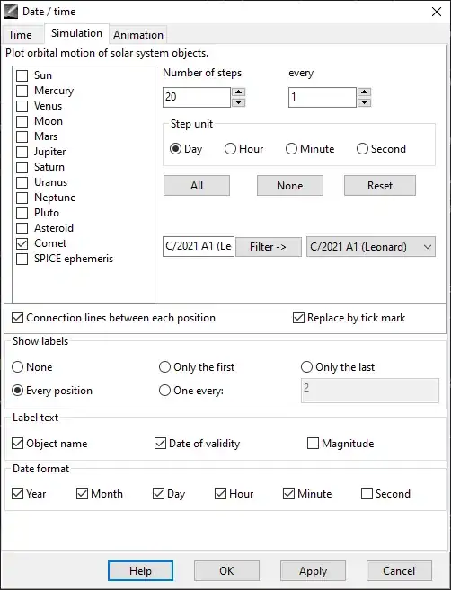 Trajectories simulation window
