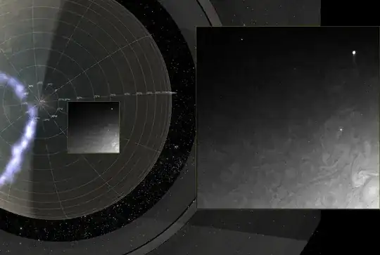 a night-side image of Jupiter, with cloud features illuminated by moonlight from Io