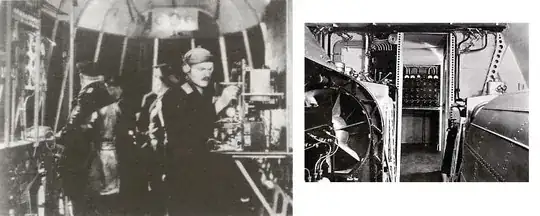 Left: Radio operator of a WW I Zeppelin at his equipment, right: Elektroraum of the LZ 127
