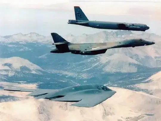 B-2, B-1B and B-52 flying at the same speed