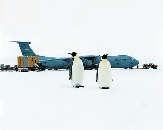 Two penguins in front of a c-141 starlifter on an ice field