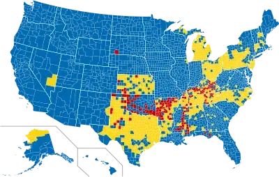 Map showing dry (red), wet (blue), and mixed (yellow) counties in the United States as of March 2012.