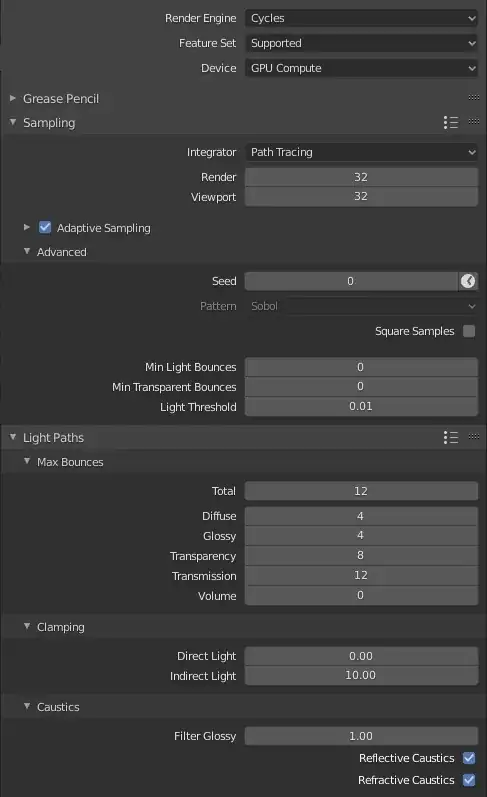 My settings for fast renders. I tried higher values but nothing changed