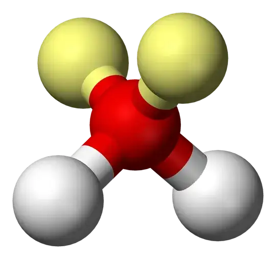 Ball-and-stick model of water, showing the location of the lone pairs