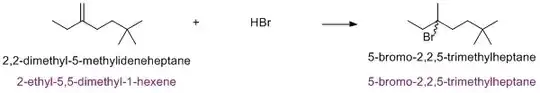 2,2-dimethyl-5-methylideneheptane + HBr -> 5-bromo-2,2,5-trimethylheptane