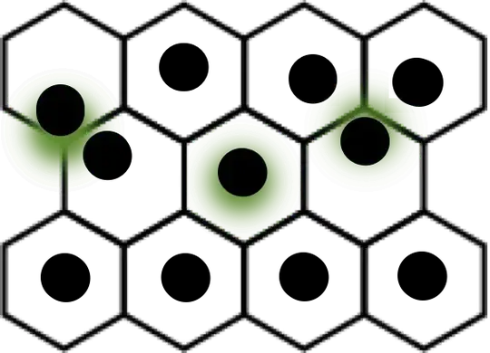 Hexagonal tesselation. The black circles are the centres of gravity of each cell - in clear, or monochrome, cells it is in the centre of the cell. In those with a green splodge, the cog is pulled towards the splodge