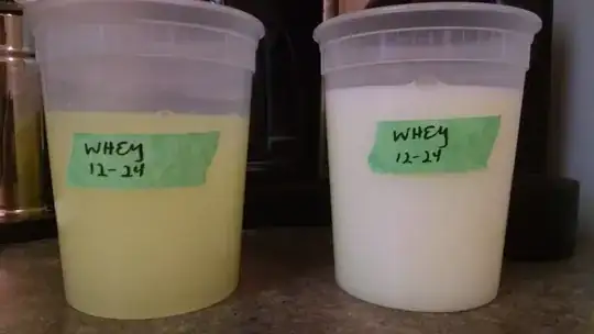 One batch of cheese, whey of two colors.