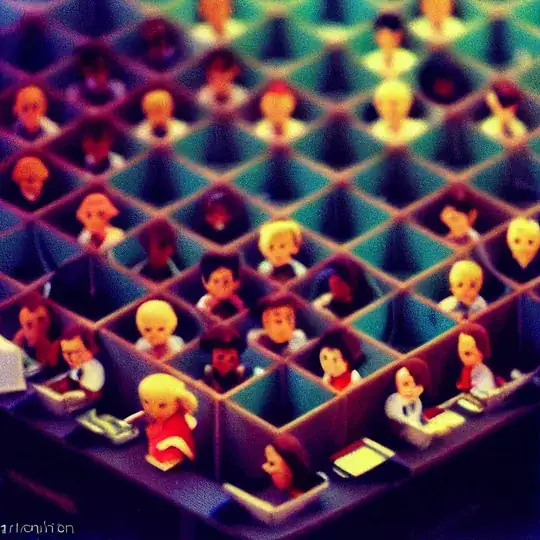 MidJourney image showing what seems to be an office scene with many cubicles, some filled with people