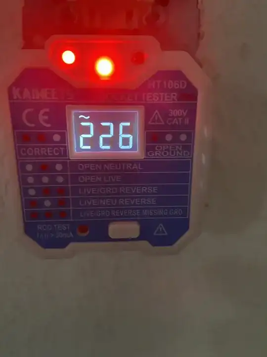 The tester lighting correct, where the cables are connected against the logic (blue in L and black in N)