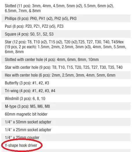 screenshot of available bits highlighting Y-shaped driver