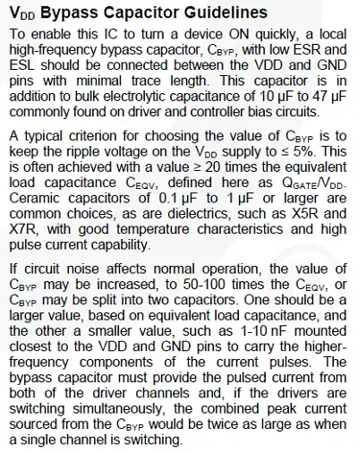 Vdd Bypass Capacitor Guidelines from FAN3214 datasheet