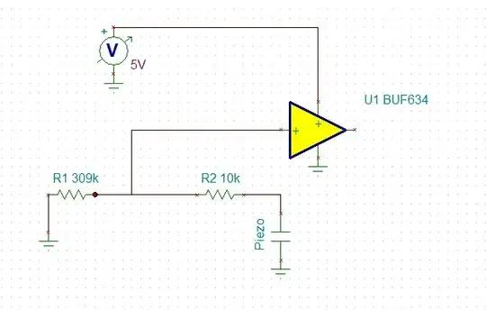 Picture of the circuit without a filter, the piezo is represented as a capacitor because I couldn't find a piezo in Tina