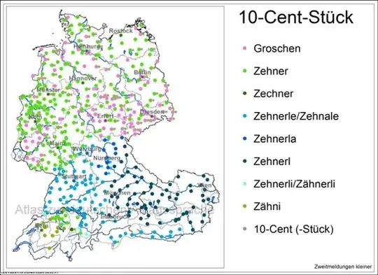 map with different regional names of the ten cent coin