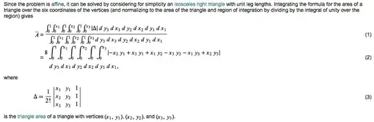 Screen cap of formula on the page: http://mathworld.wolfram.com/TriangleTrianglePicking.html