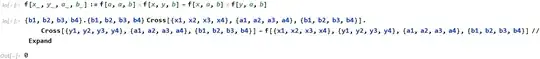f[x_,y_,a_,b_]:=f[a,a,b] f[x,y,b]-f[x,a,b] f[y,a,b];{b1,b2,b3,b4}.{b1,b2,b3,b4} Cross[{x1,x2,x3,x4},{a1,a2,a3,a4},{b1,b2,b3,b4}].Cross[{y1,y2,y3,y4},{a1,a2,a3,a4},{b1,b2,b3,b4}]-f[{x1,x2,x3,x4},{y1,y2,y3,y4},{a1,a2,a3,a4},{b1,b2,b3,b4}]//Expand