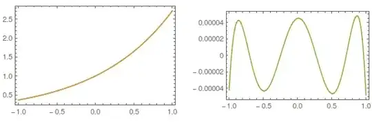 plot of function and Chebyshev series, and the approximation error