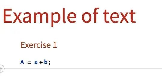 Mathematica notebook with title "Example of text", subsection "Exercise 1", and input "A=a+b;"