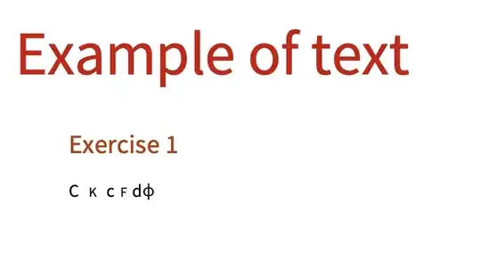 Mathematica notebook with title "Example of text", subsection "Exercise 1", and input "C k c f phi" in various fonts