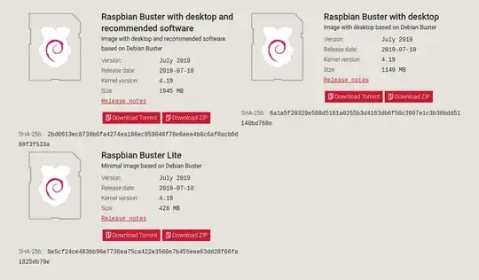 A screenshot of the download options on the Raspbian website, taken 2019-09-20