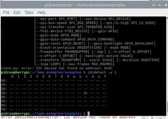error from luma.example, plus output of i2cdetect