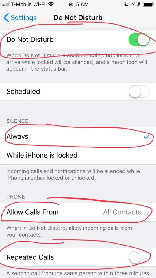 Do Not Disturb settings page with the relevant controls indicated
