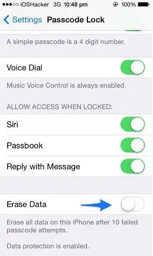 iPhone setting to erase data after 10 attempts