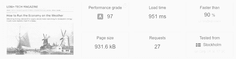 Image: un test de vitesse d’une page web entre l’ancienne et la nouvelle version du magazine Low-Tech. La taille de la page a été divisée par plus de six, le nombre de requêtes par cinq, et la vitesse de téléchargement a été multipliée par dix. Il faut noter que l’on n’a pas conçu le site internet pour être rapide, mais pour une basse consommation d’énergie. La vitesse aurait été supérieure si le serveur avait été placé dans un centre de données et/ou à une position plus centrale de l’infrastructure d’Internet.