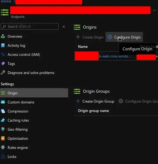 Azure Portal's page for a CDN endpoint.. The Settings > Origin section is currently shown. The Configure Option button in the section's header is hovered with the mouse