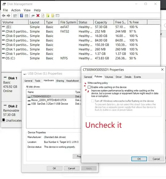 Disable write caching on the USB device