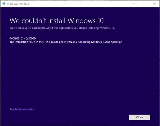 Windows 10 installation failure dialog
