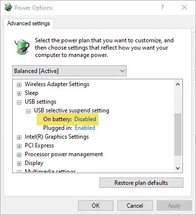 USB Settings -> USB selective suspend setting -> On battery: Disabled