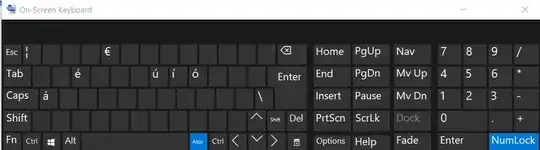 The Windows on-screen keyboard with the keys in a dark grey colour. The <kbd>AltGr</kbd> key and the <kbd>NumLock</kbd> key are both highlighted in blue. In the top row, the € symbol is visible