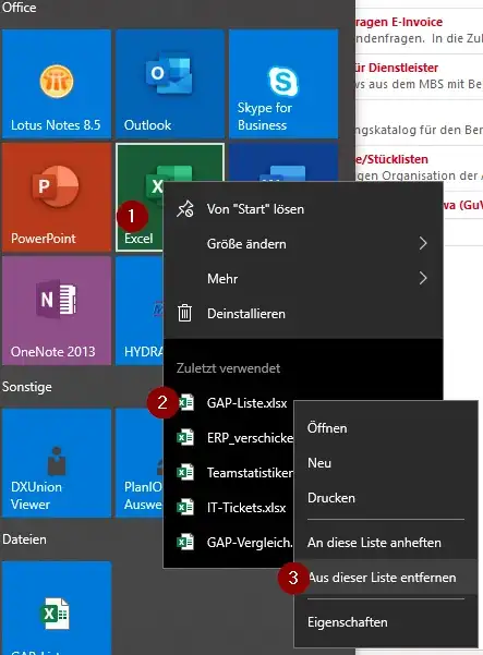 excel pinned to start menu