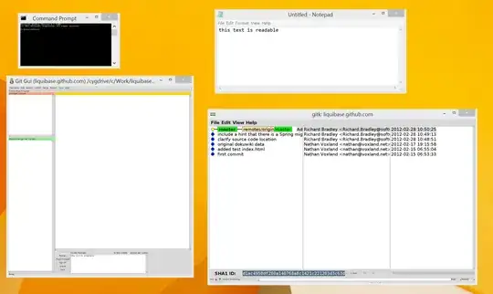 screenshot showing Command Prompt, Notepad, Git Gui and Gitk on the same screen