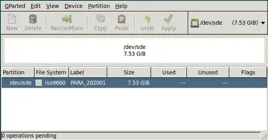 GParted showing /dev/sde as one partion with file system iso9660 and Label PARA_202001