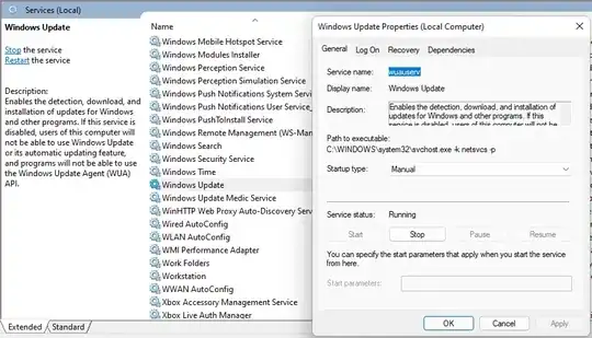 screenshot of Properties dialog of Services app for Windows update service